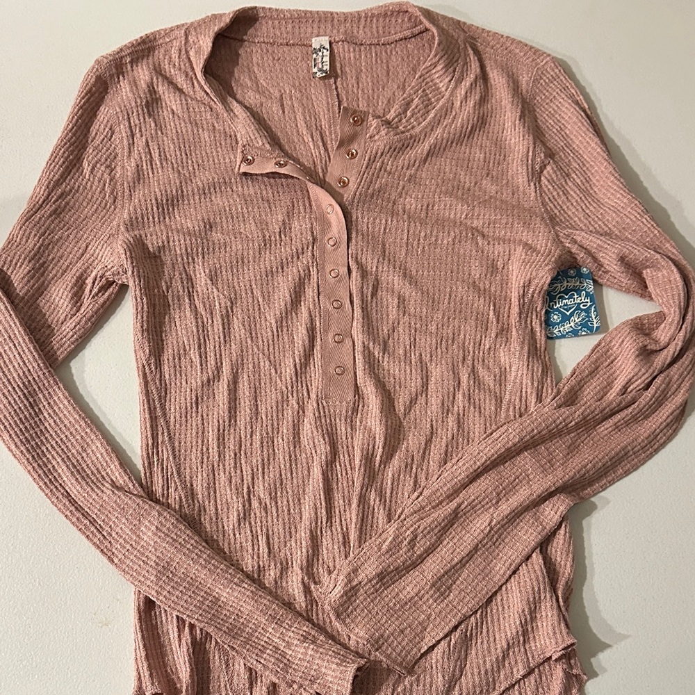Free People Long Sleeve Henley Top in Dusty Pink